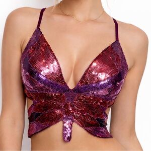 Y2K Sequin Butterfly Top Purple Pink Strappy Open Back Club Party Rave 90’s Top